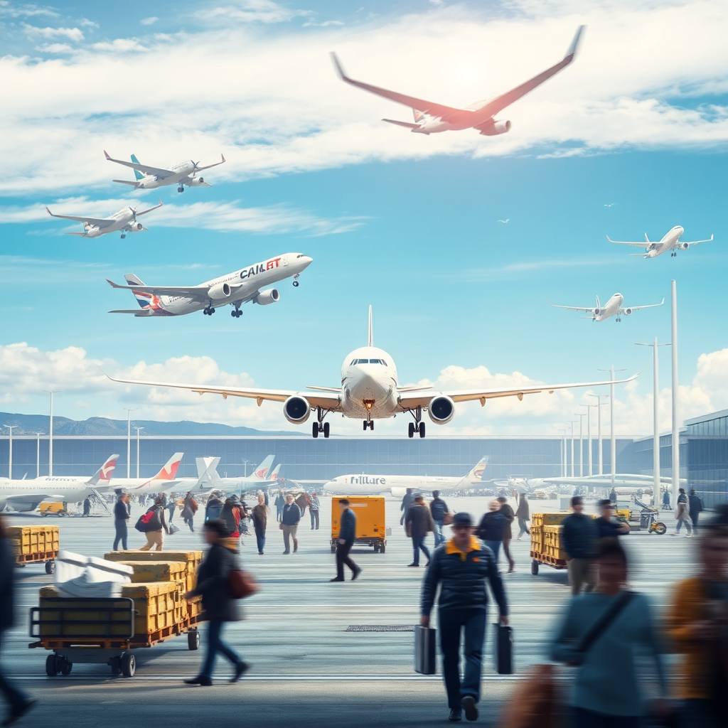 A dynamic image featuring a busy airport scene with planes taking off, cargo loading, and travelers in motion. The atmosphere is vibrant, showcasing air transport's efficiency. The lighting is bright and engaging, with lots of blues from the sky and whites from the terminal. The composition should capture the essence of air travel, emphasizing speed and accessibility, styled in a high-quality, photorealistic manner.