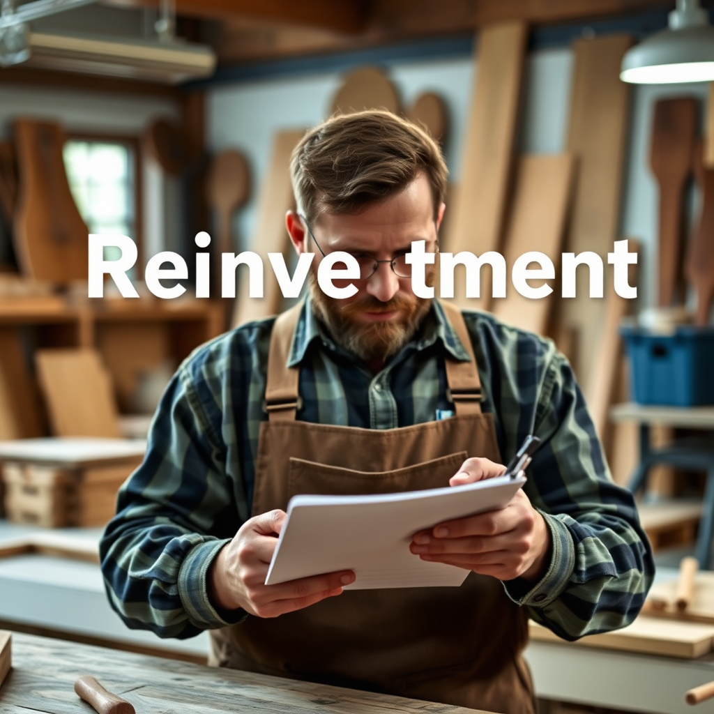 A dynamic image highlighting the reinvestment journey, featuring a craftsman planning their next steps with a notepad and wooden tools. The background reflects a workshop in progress with half-finished items, evoking a sense of ambition. Soft lighting and rich wood colors enhance the imagery, capturing the essence of growth and progression in a high-quality visual representation.