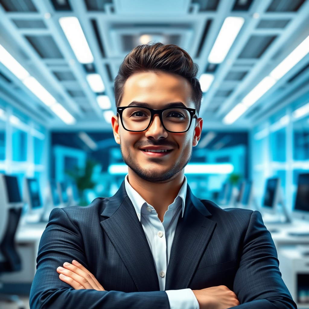 A dynamic image of a business professional confidently making a decision in a high-tech office. The space is bathed in innovative lighting with a sleek, modern design emphasizing efficiency. The color palette consists of futuristic whites and blues, promoting clarity. This engaging visual concept showcases the moment of decision-making in affiliate marketing, captured in high-quality detail.