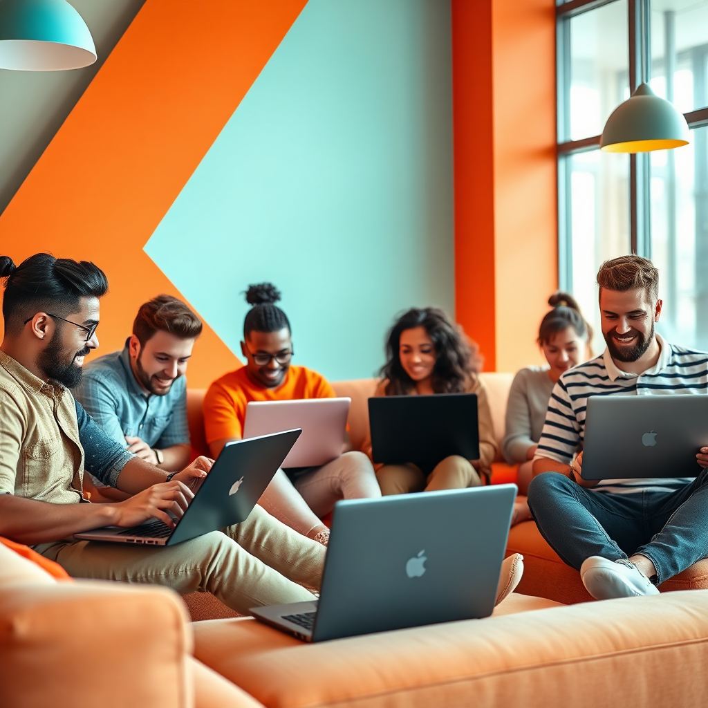A dynamic image showing a diverse group of individuals working on laptops in a co-working space, focused on developing affiliate marketing strategies. The bright and energetic atmosphere highlights collaboration and creativity, with pops of color like orange and teal. Textures include soft furnishings and sleek tech gadgets. This engaging visual concept represents the excitement and innovation in affiliate marketing, presented in a photorealistic manner.