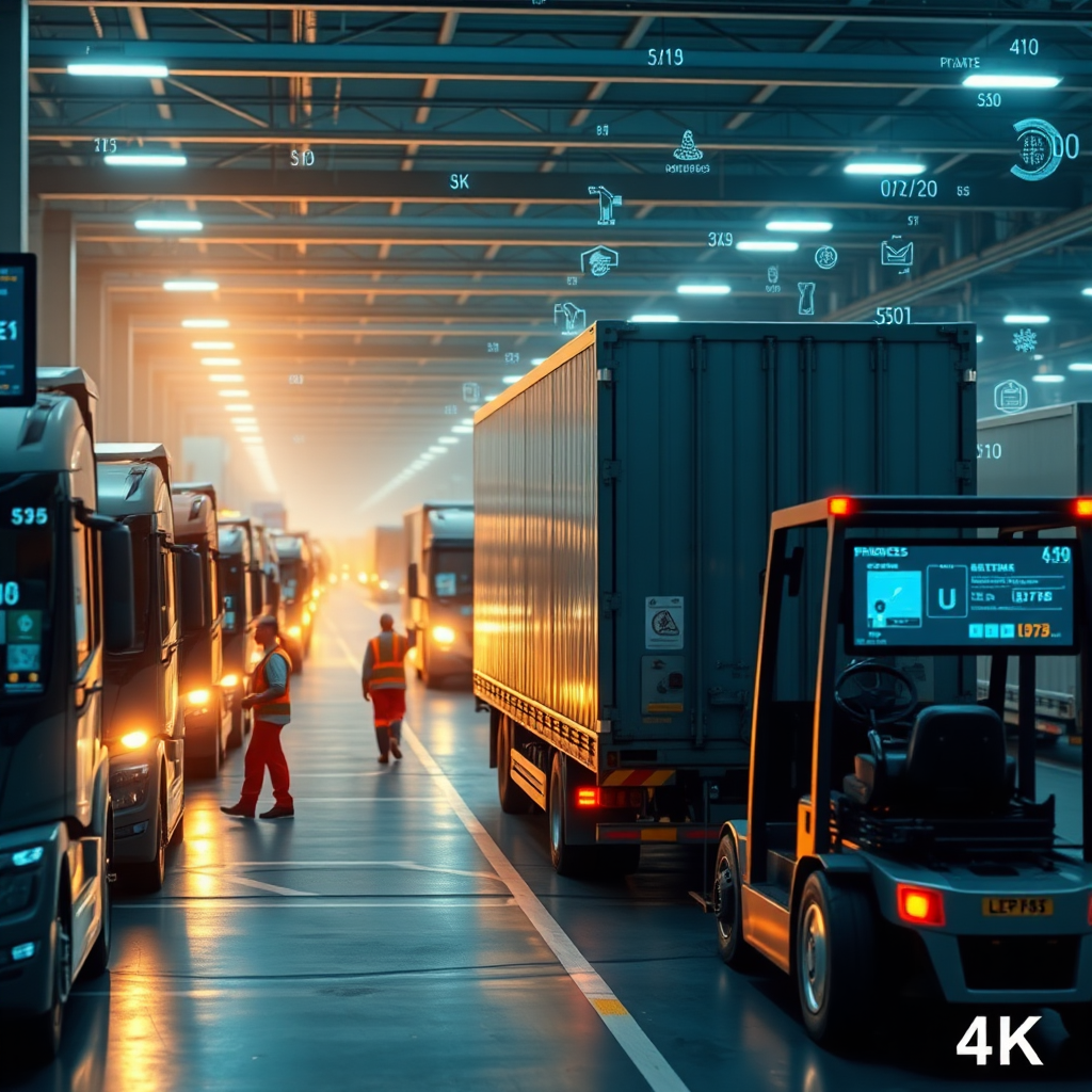 A dynamic image that visually represents streamlined operations in transportation with digital overlays indicating real-time progress tracking. The scene should depict a busy logistics center where workers monitor activities on screens, surrounded by moving vehicles like delivery trucks and forklifts. The soft glowing light suggests a busy, yet organized environment. The color scheme includes various blues and neutrals, projecting a professional and tech-savvy setting, developed in 4K.