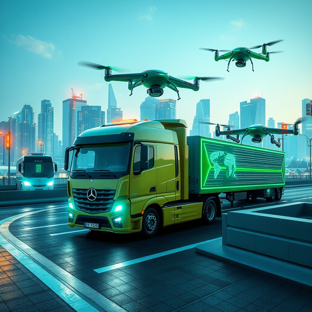 A forward-looking image showcasing futuristic transportation technologies, such as electric trucks and autonomous drones, overlaid on a smart city landscape. The lighting is bright and optimistic, with a color palette that mixes vibrant greens and blues with high-tech elements. The angle provides a panoramic view, bringing together modern urban spaces and advanced transport solutions. This 4K image should inspire thoughts of innovation and progress in transportation logistics.
