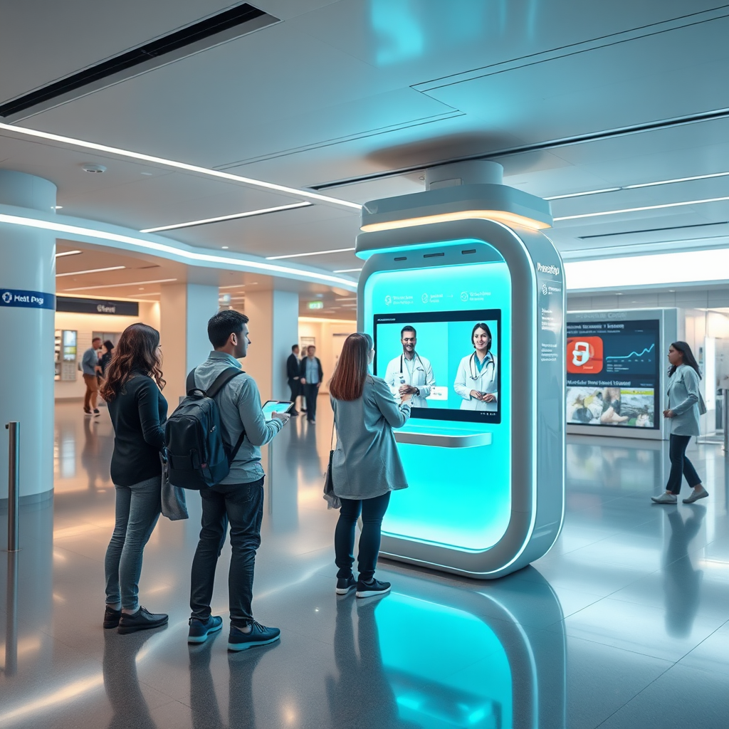 A futuristic image showing an interactive health care kiosk in a public area, where individuals are using it for telemedicine consultations. The design is modern, featuring sleek lines and bright lighting. The camera angle encompasses the kiosk and users, emphasizing ease of access and technology. Textures should highlight contemporary design and user-friendly interfaces. Technical specs are 4K resolution, high quality.