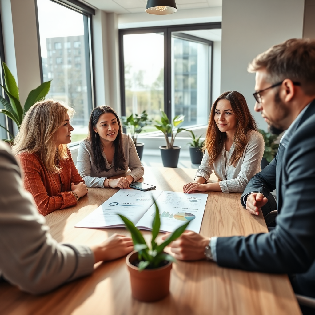 A harmonious image of a professional portfolio review session taking place in a modern conference room. Advisors and clients are engaged in discussion over a portfolio document placed prominently on the table. Natural light filters through large windows, highlighting features like plants and modern decor. The color palette uses earthy tones combined with vibrant highlights, signifying growth and stability. The camera angle should provide a clear view of the open portfolio and the engaged expressions of all participants, symbolizing collaboration and informed decision-making.