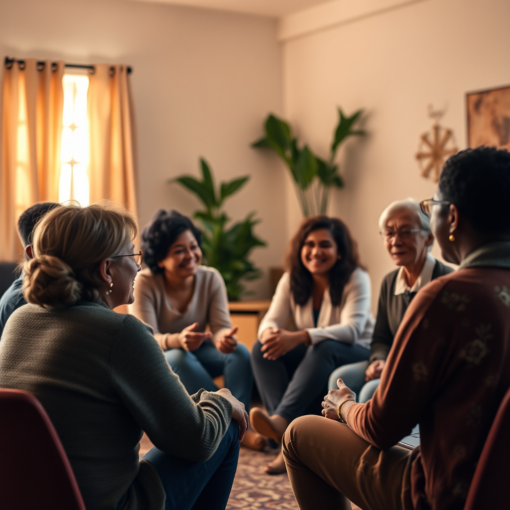A heartwarming image displaying a supportive group session led by GHC staff, with community members sharing their journeys in a safe space. The warm lighting fosters trust, and the soft color hues create a welcoming atmosphere. The camera captures genuine emotions, interactions, and unity, reflecting connection and care. Technical specs: 4K resolution, high quality.