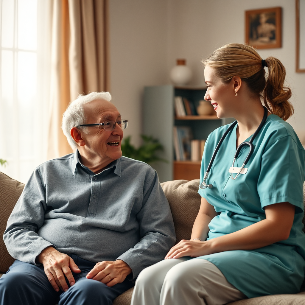 A heartwarming image reflecting personalized healthcare, featuring a nurse sitting beside an elderly patient at home, engaging in a conversation. The soft interior lighting creates a comforting atmosphere, while the color palette combines earthy tones with hints of pastels. The texture details of the home and care items in the vicinity convey warmth and familiarity. The camera angle captures a cozy dialogue, emphasizing human connection. Technical specs: 4K resolution, high quality.