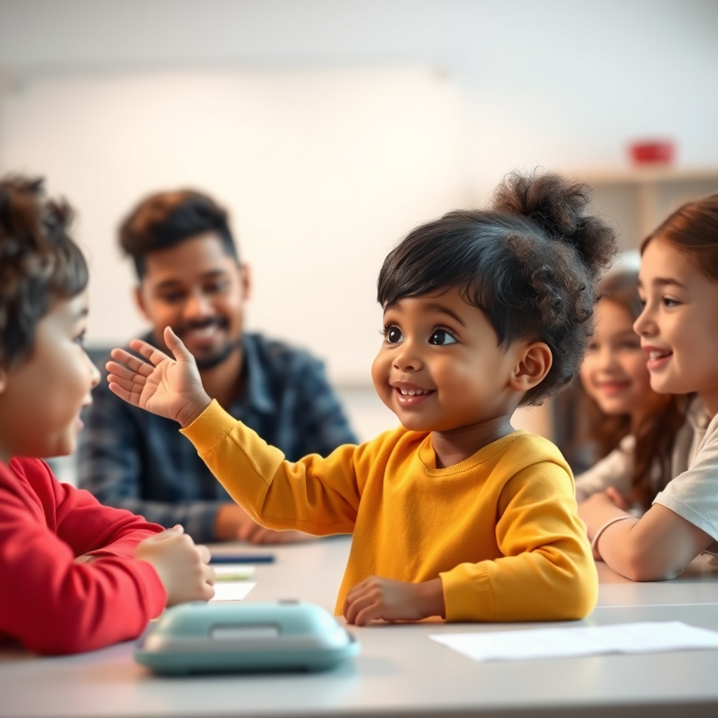 A heartwarming scene of a child proudly presenting a project to their peers during an online class. Focus on the child's confident posture and the encouraging expressions of the other students. The lighting should be soft and flattering, enhancing the positive atmosphere. The background can feature a simple, modern classroom setting. The style should be realistic with a touch of warmth, emphasizing the child's achievement. Render in 4K resolution with high quality textures.