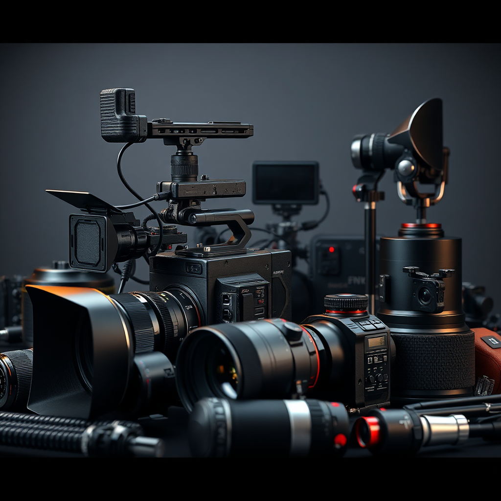 A highly detailed, photorealistic image showcasing Michael Media Company's state-of-the-art photography and videography equipment. The focus should be on a professional cinema camera with various lenses, a high-resolution DSLR camera, lighting equipment, and audio recording devices. The equipment should be arranged in an organized and visually appealing manner. The lighting should be dramatic, highlighting the sleek designs of the equipment. The color palette should be modern and professional, with metallic accents. Technical specs: 4K resolution, high-quality rendering.