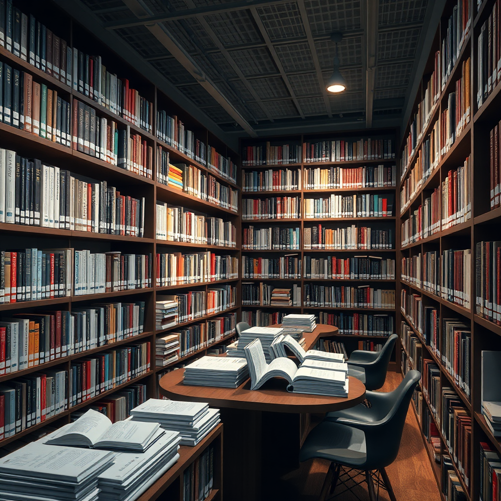 A library filled with research reports and publications. The scene should convey a sense of knowledge and authority. Technical specs: 4K resolution, photorealistic rendering.