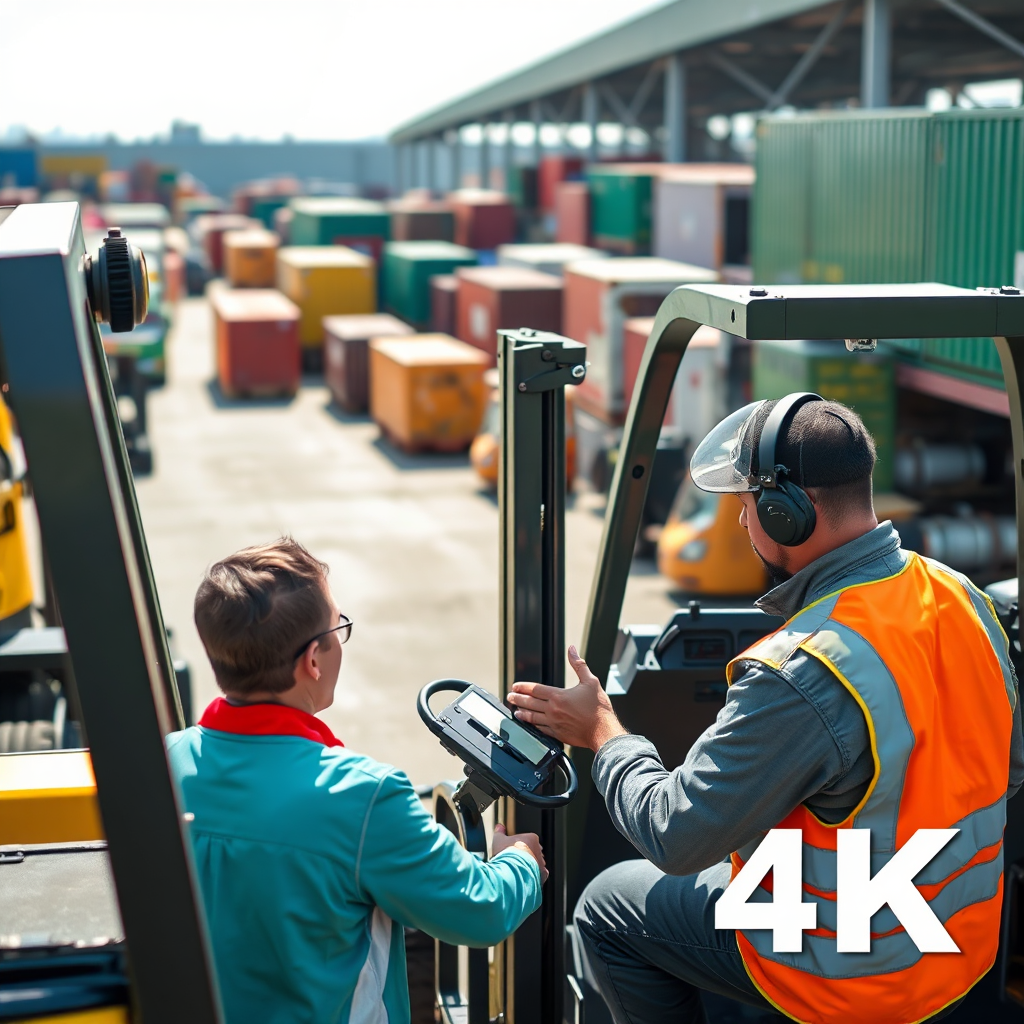 A lively image showing professionals engaged in hands-on training with transportation machinery like forklifts and loading equipment. The setting is outdoors, in an active logistics yard, filled with various transport modes. The lighting is bright, imparting a sense of action and engagement, with a color palette of greens and earth tones. This image should evoke enthusiasm for training and safety within the industry, offered in 4K.