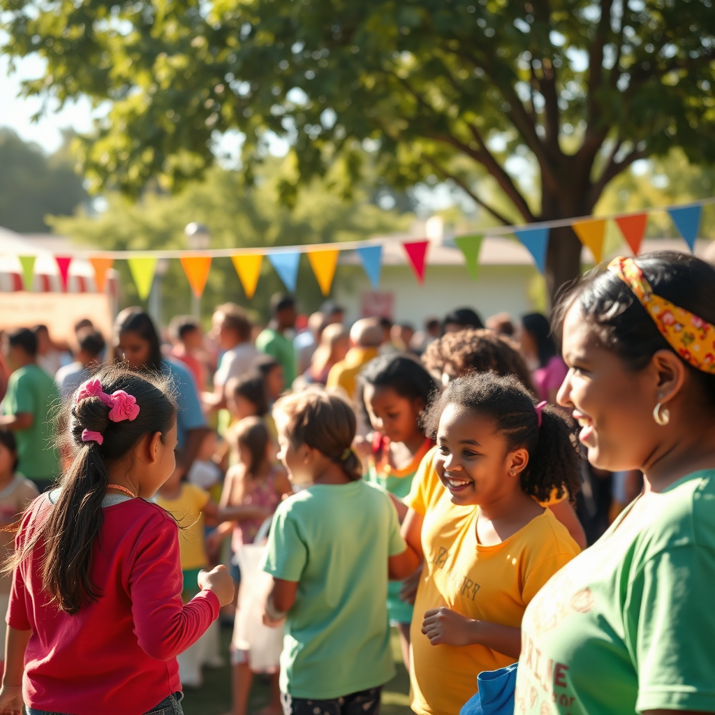 A lively photorealistic image of a community event organized by GHC, featuring families engaging in health activities. The image is filled with vibrant colors, bright sunlight, and an atmosphere of joy and collaboration. The camera captures a wide view of the event, highlighting interactions, health stations, and the sense of community. Technical specs: 4K resolution, high quality.
