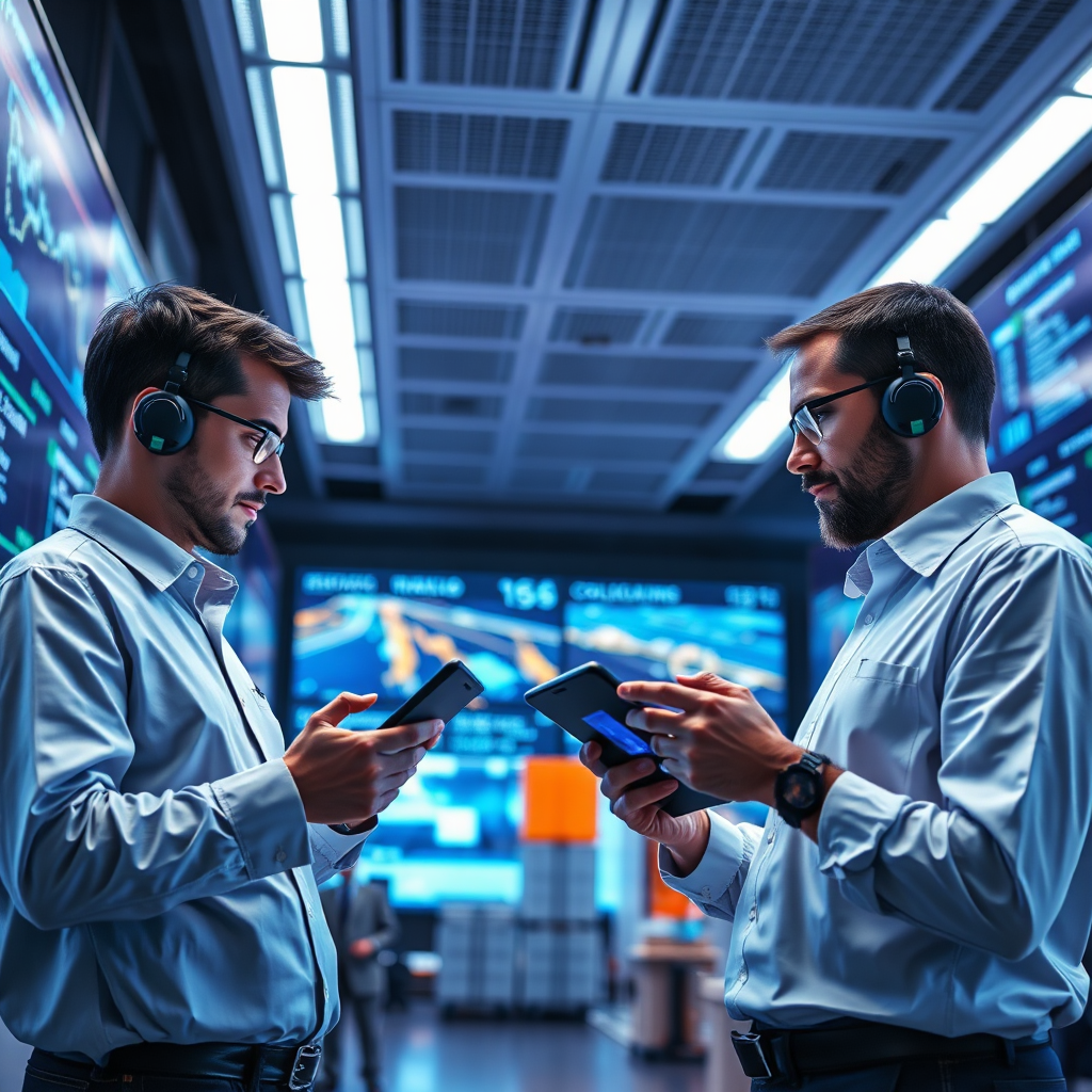 A modern image showcasing the integration of technology in transportation logistics with individuals using tablets and smartphones for tracking shipments. The setting is a sleek, high-tech office space, filled with screens displaying movement data of various transport routes. The lighting is cool and tech-focused, emphasizing bright whites and blues. This image aims to reflect the future of logistics, captured in rich, high-quality 4K.