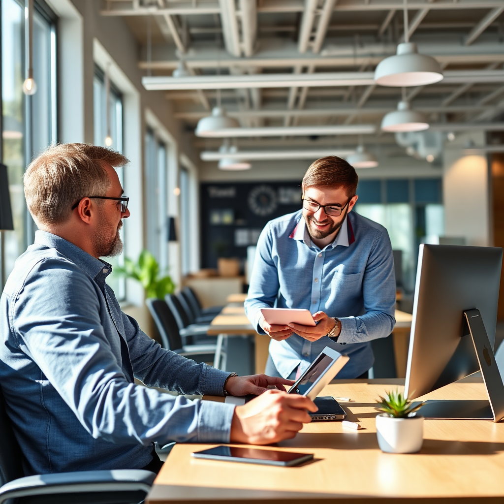A modern office scene where a consultant discusses affiliate marketing plans with clients using digital devices. The environment is bright with natural lighting, showcasing a vibrant yet professional atmosphere. The color palette includes blues and whites to instill confidence. The image captures the essence of collaboration, high-quality detail enhancing the perceived expertise.