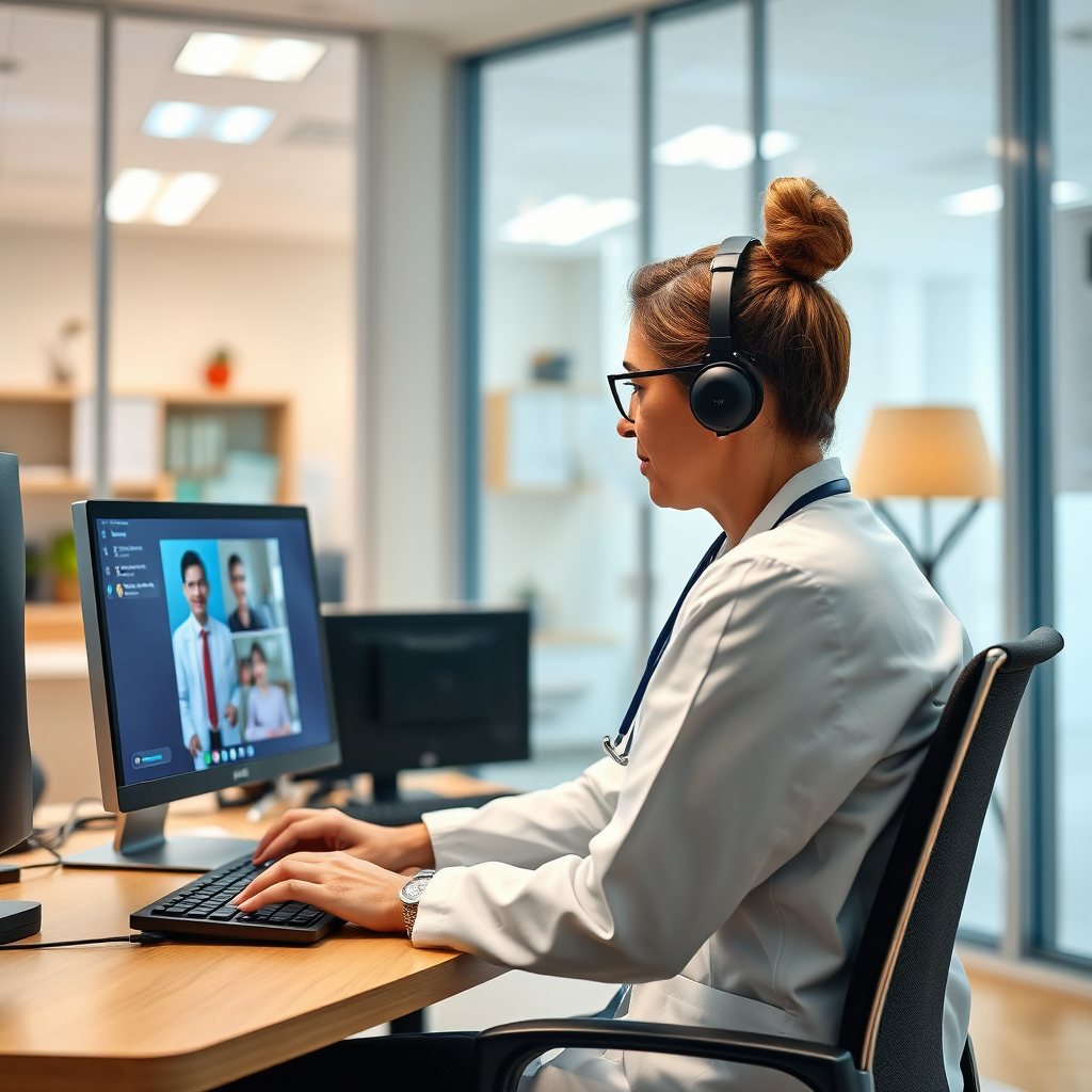 A modern photorealistic image showing a healthcare worker conducting a telehealth session. The scene is set in a well-lit, contemporary office, featuring technology like computers and communication tools. The atmosphere is professional, warm, and inviting. Technical specs: 4K resolution, high quality.