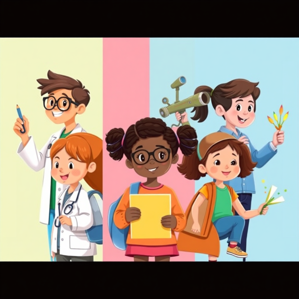 A montage showing different career paths – a doctor, an engineer, an artist – but depicted as children engaging in these roles. The color palette is diverse, reflecting the variety of careers. The style is cheerful and inviting, with a focus on making each career path seem accessible and exciting. 4K resolution, high quality.
