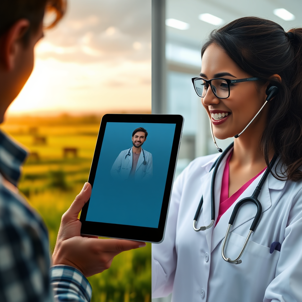 A photorealistic 4K image depicting a split scene: On one side, a rural landscape with a person using a tablet for a telehealth consultation; on the other side, a friendly doctor in a modern clinic setting. The lighting should be warm and inviting on both sides. The composition highlights the connection between the patient and the doctor through the tablet screen. Camera angle: Medium shot focusing on the tablet as the connecting point. Style reference: Modern advertising for telehealth services. Environment: Rural landscape and modern clinic. Props: Tablet, stethoscope.