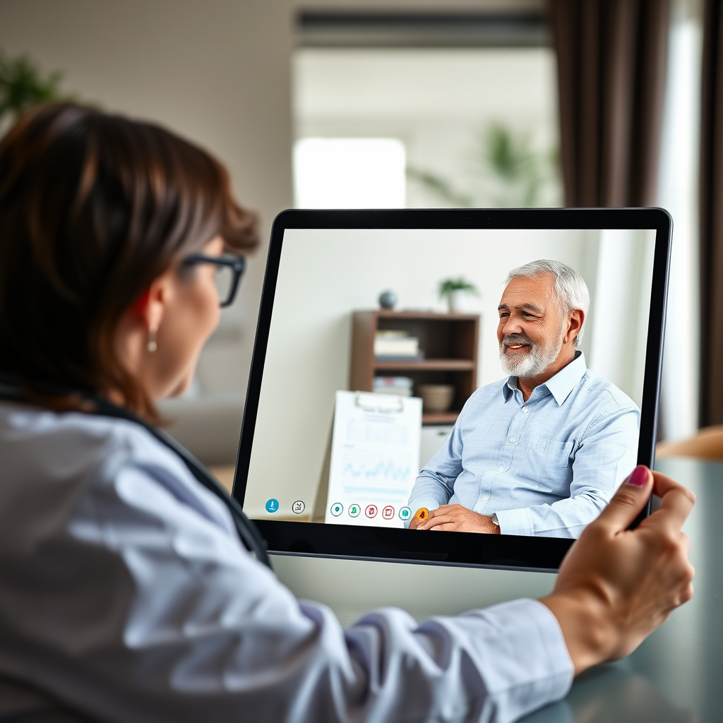 A photorealistic 4k image depicting a virtual consultation between a doctor and a patient on a tablet screen. The scene shows both the doctor in their office and the patient in their home, fostering a sense of connection and trust. The lighting is natural and inviting on both sides. The camera angle is a medium shot, capturing the interaction between the doctor and the patient. Style reference: Telehealth advertising. Environment: Doctor's office and patient's home. Props: Tablet, stethoscope, medical chart.