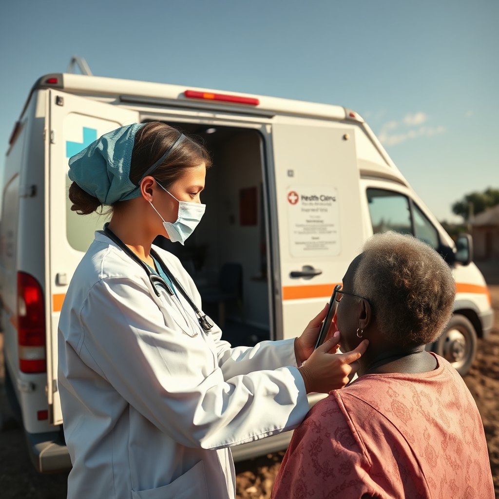 A photorealistic 4k image depicting a mobile health clinic van parked in a rural, underserved community. A healthcare worker is shown using a tablet to connect a patient with a remote specialist. The lighting is bright and hopeful, highlighting the accessibility of healthcare. The camera angle is a medium shot, focusing on the interaction between the healthcare worker and the patient. Style reference: Documentary photography, showcasing mobile health initiatives. Environment: Rural community. Props: Mobile health clinic van, tablet, medical equipment.