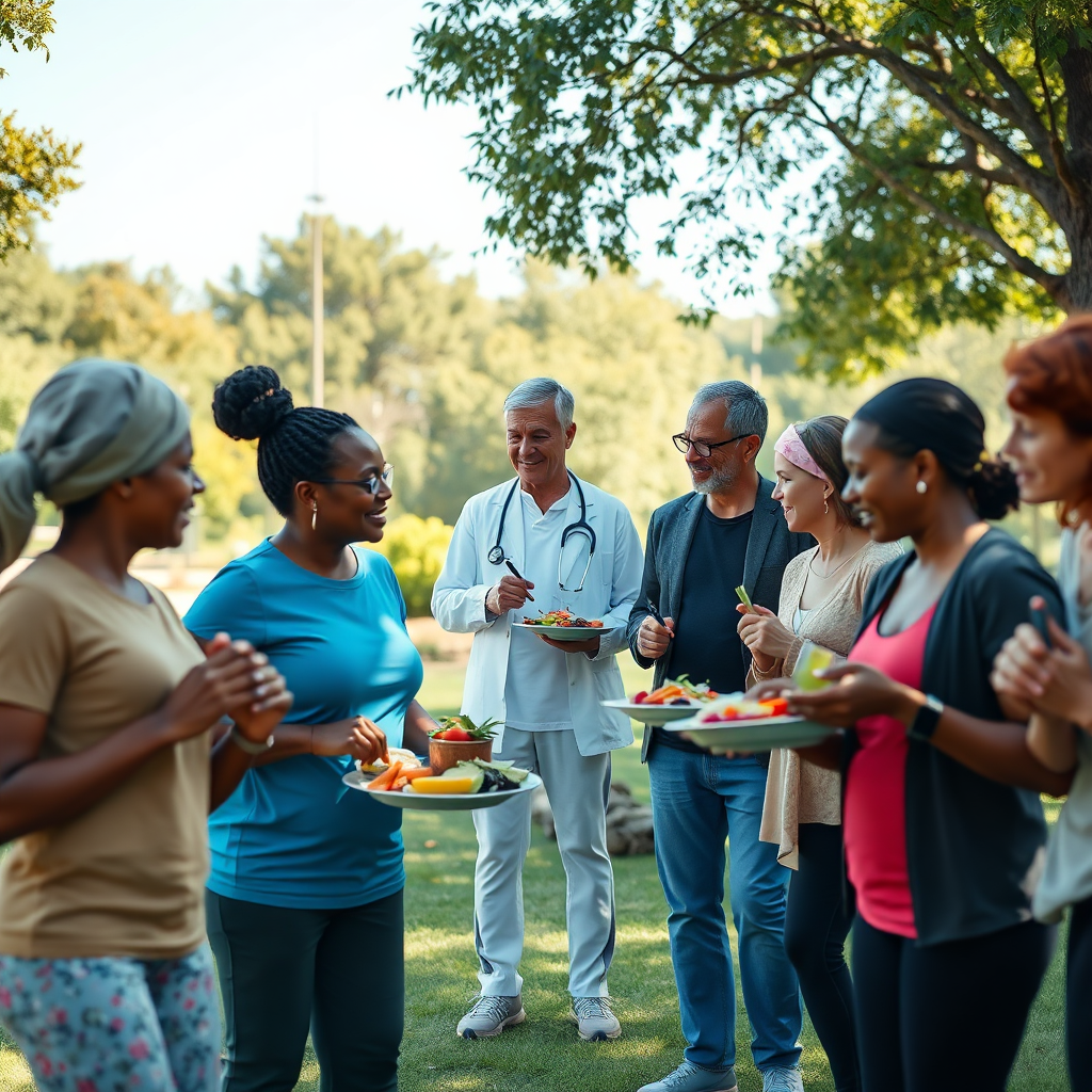 A photorealistic 4K image of a diverse group of people engaging in healthy activities, such as exercising, eating nutritious food, and connecting with others. A healthcare professional is subtly shown in the background, providing guidance and support. The lighting should be bright and optimistic, emphasizing the positive aspects of preventive care. Camera angle: Wide shot capturing the holistic nature of wellness. Environment: Outdoor park setting. Props: Exercise equipment, healthy food, social interaction.