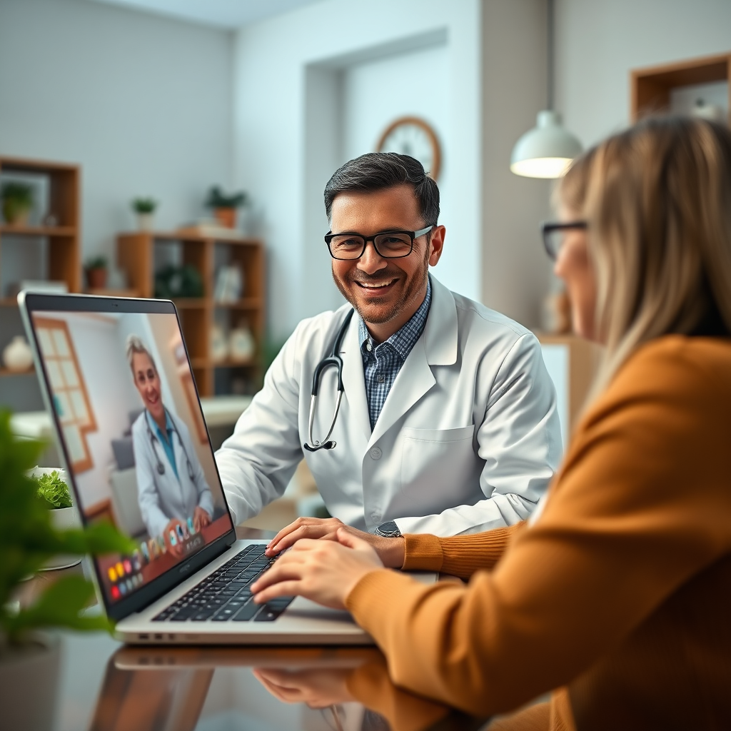 A photorealistic 4K image of a friendly doctor smiling and interacting with a patient via a laptop screen, showcasing a typical telemedicine consultation. The scene should be well-lit and inviting, emphasizing the ease and comfort of the experience. The background should be a clean and professional office setting for the doctor and a comfortable home setting for the patient. Camera angle: medium shot. Focus on the friendly interaction.