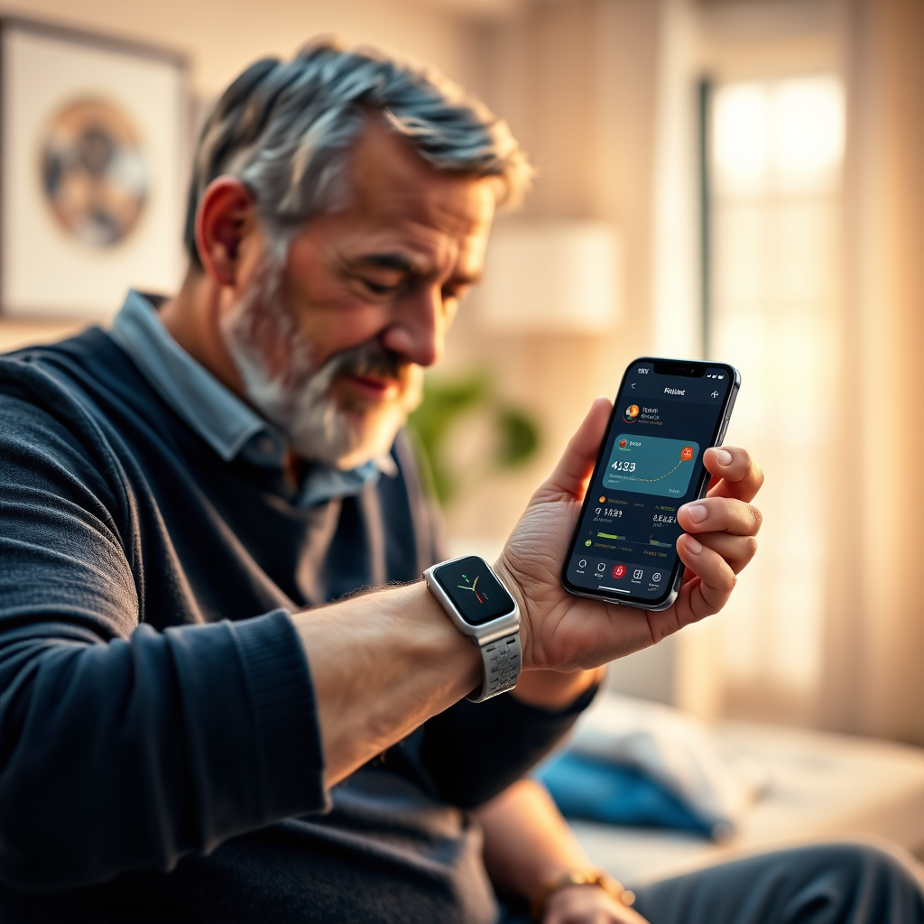 A photorealistic 4k image showing a patient using a wearable health tracker, such as a smartwatch, to monitor their vital signs. The data from the tracker is displayed on a smartphone app, allowing the patient to track their progress and communicate with their healthcare provider. The lighting is warm and empowering. The camera angle is a close-up, focusing on the patient's interaction with the device. Style reference: Fitness and health app advertising. Environment: Modern home setting. Props: Smartwatch, smartphone, health tracker app.