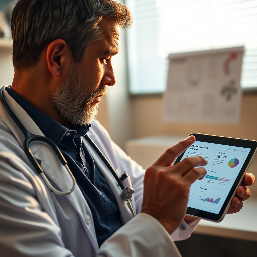 A photorealistic 4k image showing a doctor reviewing a patient's personalized care plan on a tablet. The plan incorporates data from various sources, such as wearables, electronic health records, and patient feedback. The lighting is warm and empathetic, highlighting the personalized approach. The camera angle is a close-up, focusing on the tablet screen and the doctor's expression. Style reference: Healthcare technology advertising. Environment: Doctor's office. Props: Tablet, personalized care plan, data charts.