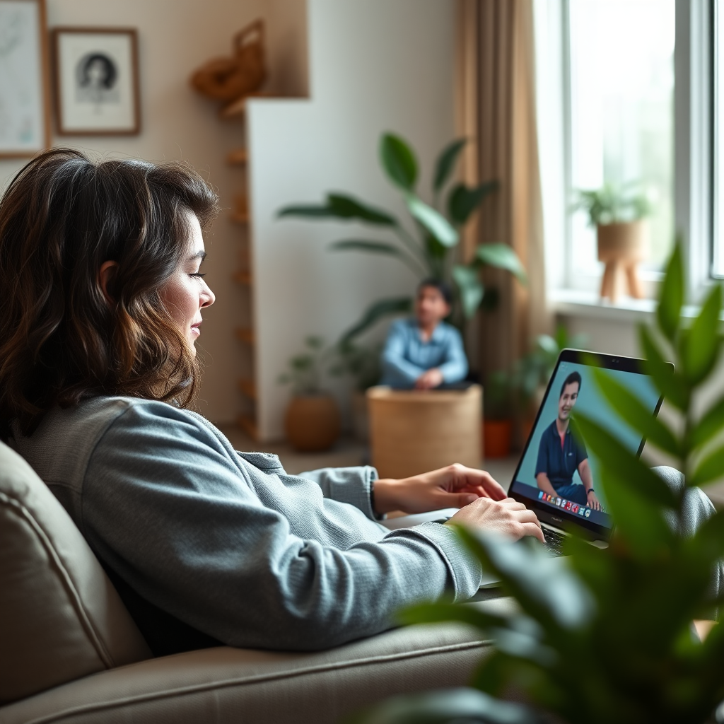 A photorealistic 4K image showing a person comfortably sitting in their living room, engaging in a telehealth consultation on a laptop. The background should be a cozy and inviting home environment. Soft, natural lighting from a nearby window. The camera angle should be slightly angled, showing the person's face and the laptop screen. Style reference: Stock photos of comfortable home offices. Environment: Home living room. Props: Laptop, comfortable chair, plants.