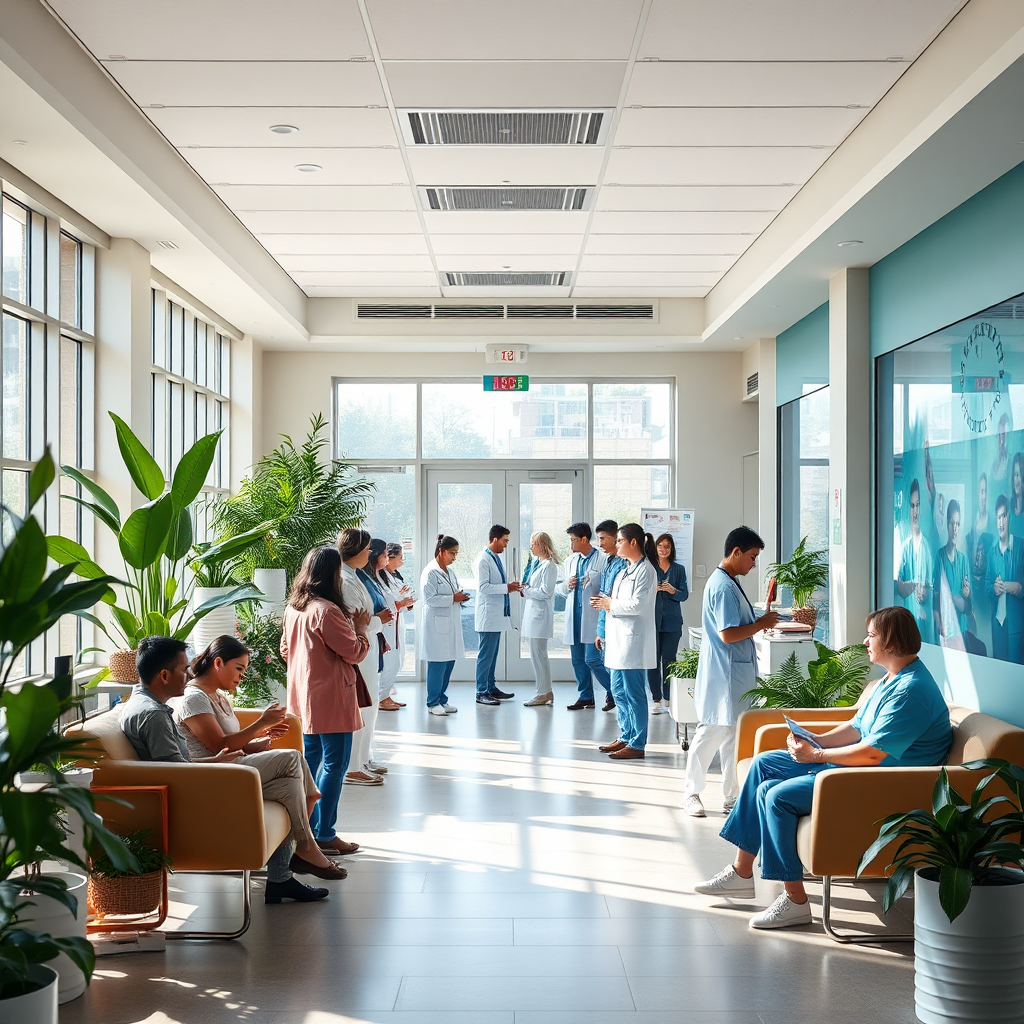 A photorealistic and ultra-high quality header image depicting a bustling community hospital, with diverse healthcare professionals engaging with patients in a warm, inviting environment. The photo should capture bright, natural light filtering through large windows, highlighting a color palette of soft blues and greens that evoke tranquility. The camera angle is slightly elevated, showcasing a welcoming reception area filled with plants and friendly staff. Textures of modern medical equipment and cozy seating areas contribute to an inviting atmosphere. Relevant props could include medical charts and community health brochures. Style references include modern hospital interiors. Technical specs are 8K resolution, hyperrealistic.