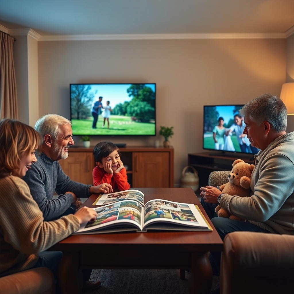 A photorealistic image depicting a family gathered around a coffee table, looking at a beautifully printed photo album and watching a video slideshow on a large screen TV. The scene should convey warmth, nostalgia, and the joy of reliving cherished memories. The lighting should be cozy and inviting. The color palette should be rich and vibrant. Technical specs: 4K resolution, high-quality rendering.