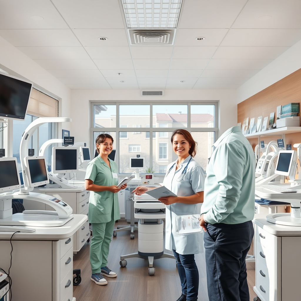 A photorealistic image depicting the essence of medical equipment services. The scene includes a well-stocked showroom with various medical devices on display. Bright, natural lighting floods the space, highlighting the modern designs of the equipment. The color palette is calming with soft whites and greens. The camera angle captures a wide view of both the equipment and cheerful staff assisting customers. Props include brochures and informational signage. Style references emphasize a welcoming healthcare environment. Technical specs are 4K resolution, high quality.