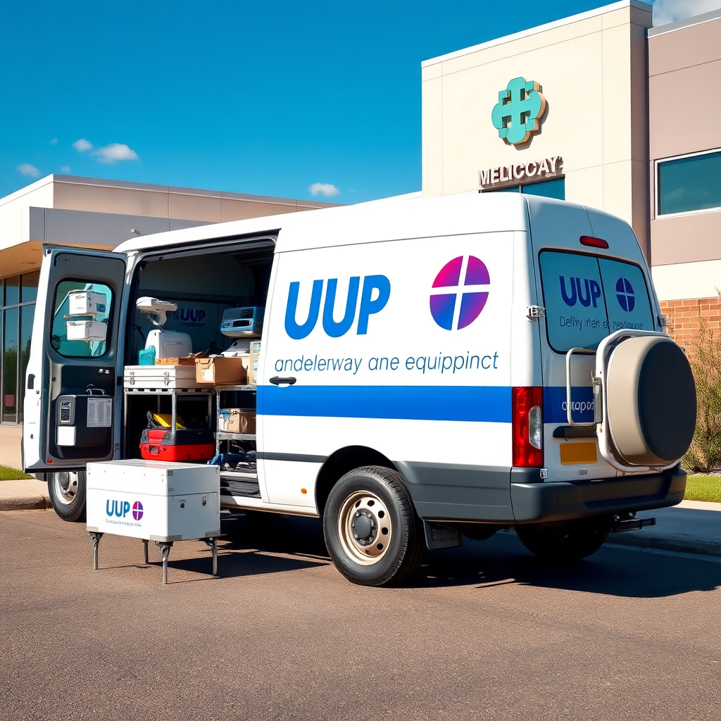 A photorealistic image depicting a delivery van showcasing our brand parked outside a medical facility. The van is loaded with various medical equipment ready for delivery. The setting is bright and clear with blue skies in the background. The color palette emphasizes the branding colors, creating a professional image. The composition focuses on the van and equipment, highlighting the logistics involved in rental services.