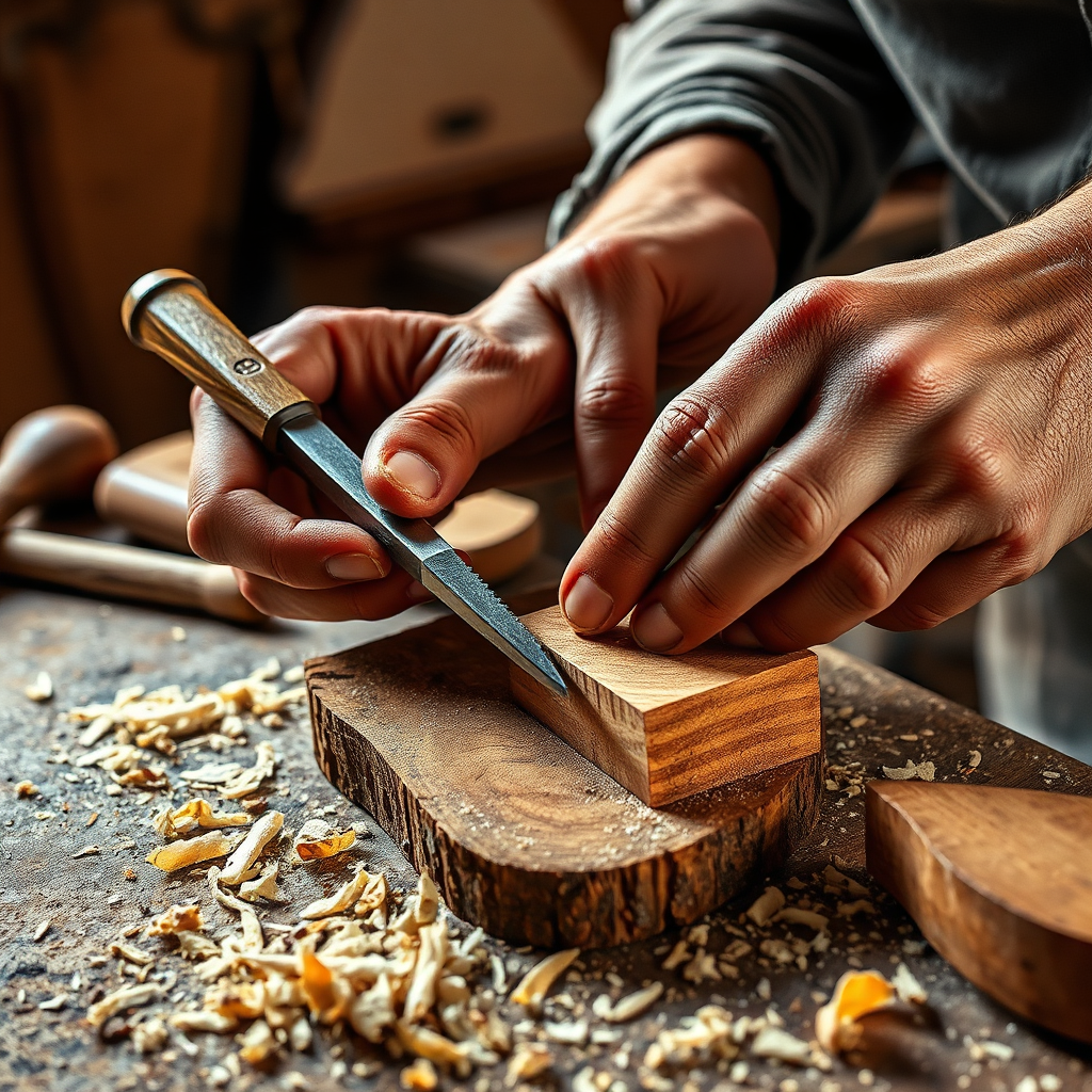 A photorealistic image featuring a close-up of a craftsman’s hands working on a wood project, showcasing precision and skill. The composition highlights the tools used, such as chisels and saws, with shavings scattered artistically. Warm lighting enhances the natural textures of the wood, immersing the viewer in the crafting experience. The background could include unfinished projects and inspirational woodworking designs. This high-quality image should be detailed and engaging.