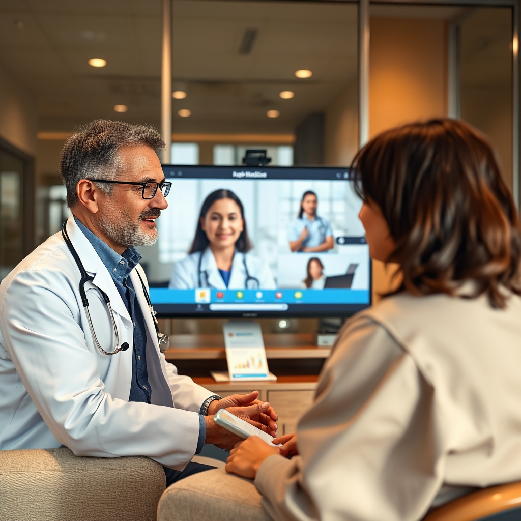 A photorealistic image featuring a doctor consulting with a patient via telemedicine. The setting includes a modern clinic with a large computer screen showing the virtual consultation. Warm lighting creates an inviting atmosphere. The camera angle captures both the doctor and the patient, focusing on their engagement. Textures should highlight the sleek technology of the setup, with elements reflecting comfort such as soft furniture and care pamphlets. Technical specs are 4K resolution, high quality.