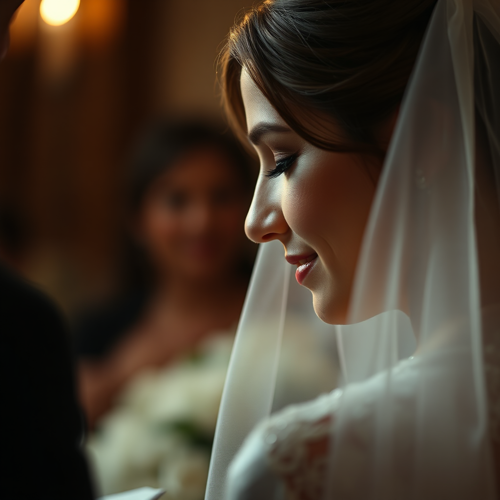 A photorealistic image focusing on a close-up shot of a bride's face as she exchanges vows during her wedding ceremony. The lighting is soft and romantic, highlighting the tears of joy in her eyes. The background is blurred, creating a sense of intimacy and focus. The color palette should be warm and muted, emphasizing the emotional weight of the moment. Technical specs: 4K resolution, high-quality rendering.