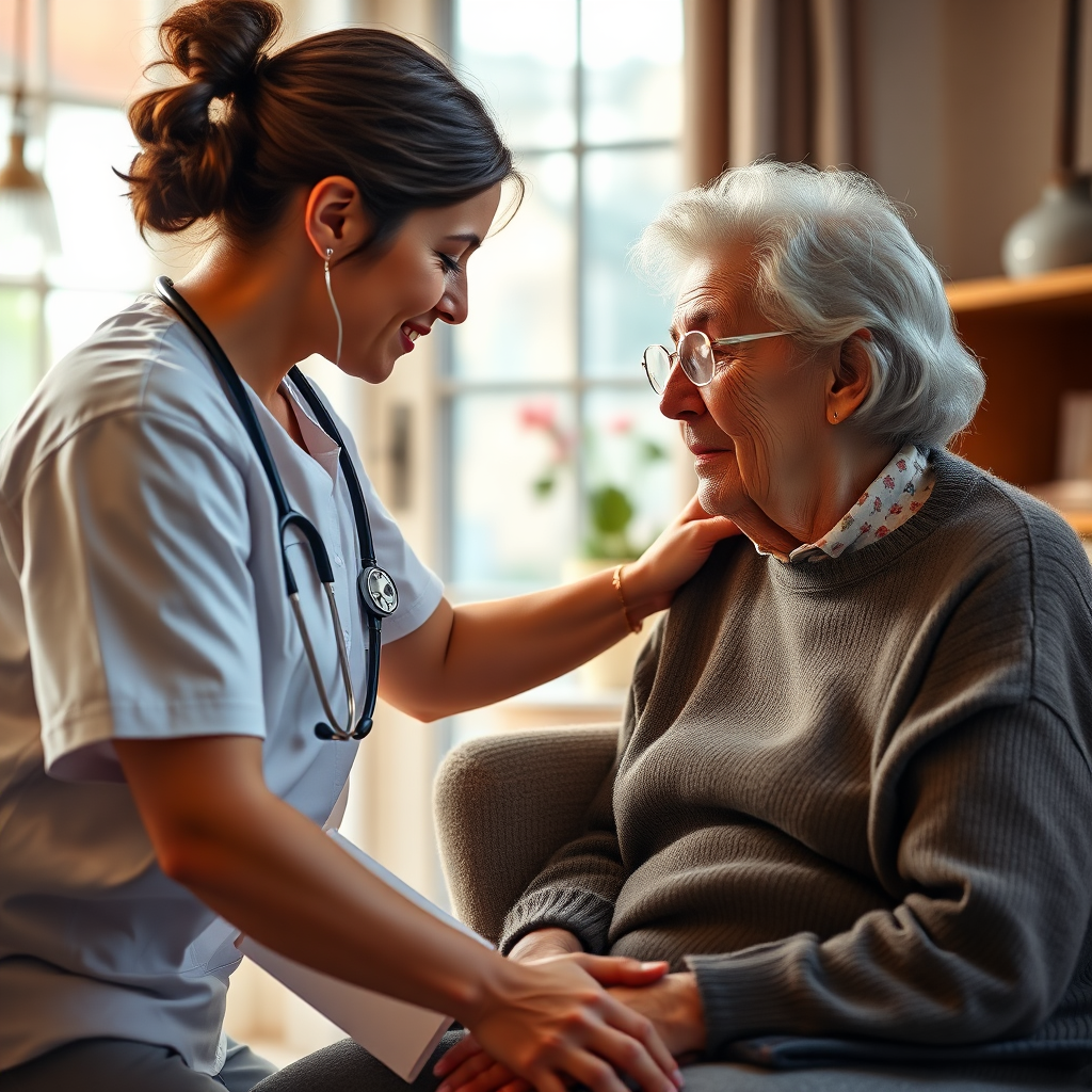 A photorealistic image illustrating a caregiver assisting an elderly person in their home. The environment is bright and welcoming, capturing comforting home details and healthcare tools. The warm color palette enhances the sense of care and connection. Technical specs: 4K resolution, high quality.