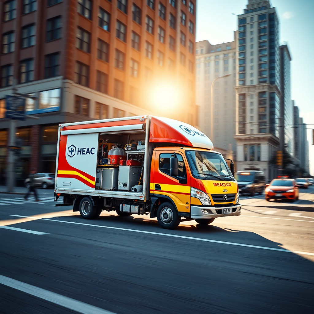 A photorealistic image of a brightly branded delivery truck traversing a city street. The truck is stocked with medical equipment, evoking a sense of reliability and speed. The bright sun reflects off the vehicle, emphasizing its importance in the logistics chain. The color scheme is designed for high visibility, with bold branding on the truck. The composition captures urban life and the crucial role of transportation in the healthcare industry.