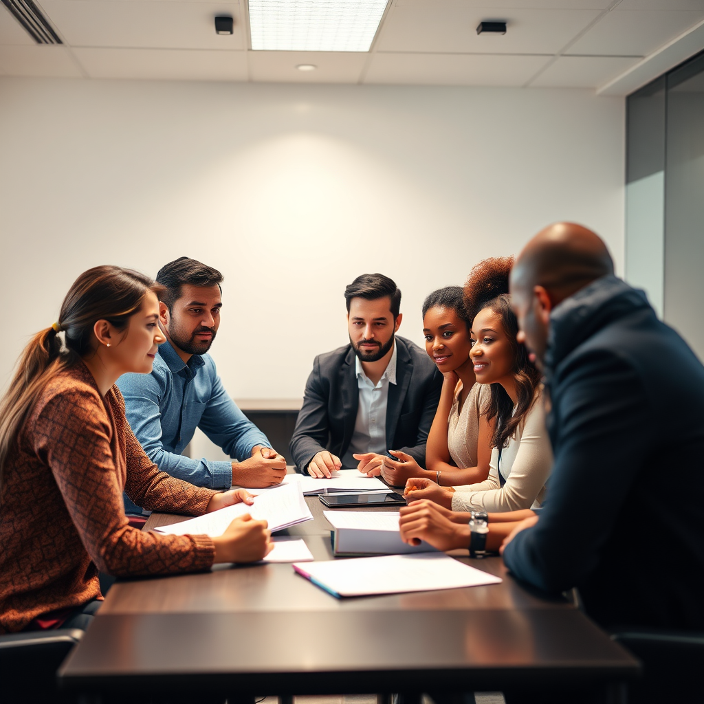 A photorealistic image of a diverse group of professionals participating in a workshop or training session. They are engaged and interactive. The lighting is bright and conducive to learning. The colors are vibrant and inspiring, conveying a sense of growth and development.