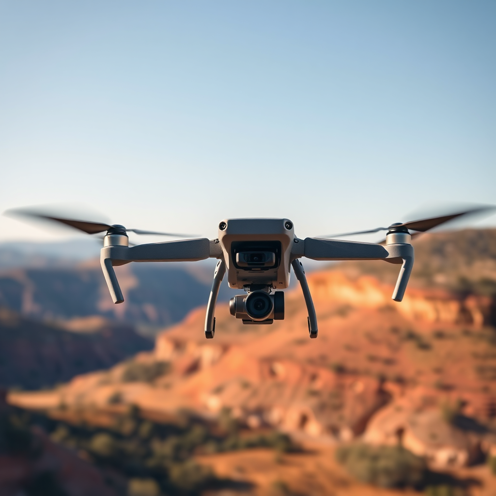 A photorealistic image of a drone flying over a scenic landscape, capturing aerial footage. The lighting is natural and vibrant. The composition includes a wide-angle view of the landscape, with the drone in the foreground. The color palette is rich and colorful. The camera angle is from the drone's perspective, showcasing the aerial view.