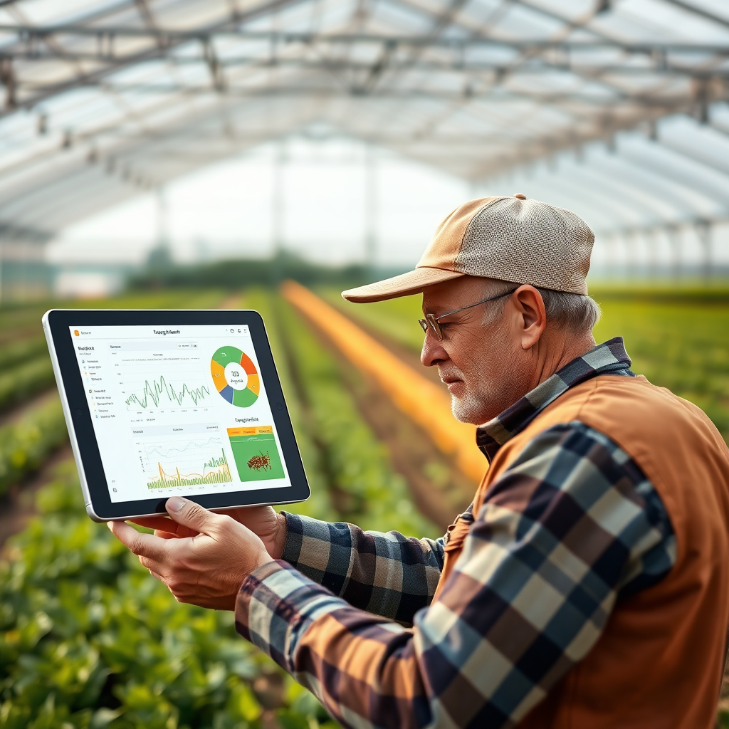 A photorealistic image of a farmer using a tablet to monitor and control various aspects of their farm, such as irrigation, fertilization, and pest control. The tablet should display real-time data and analytics. The background should show a modern, technologically advanced farm. Style: modern agricultural technology advertising.