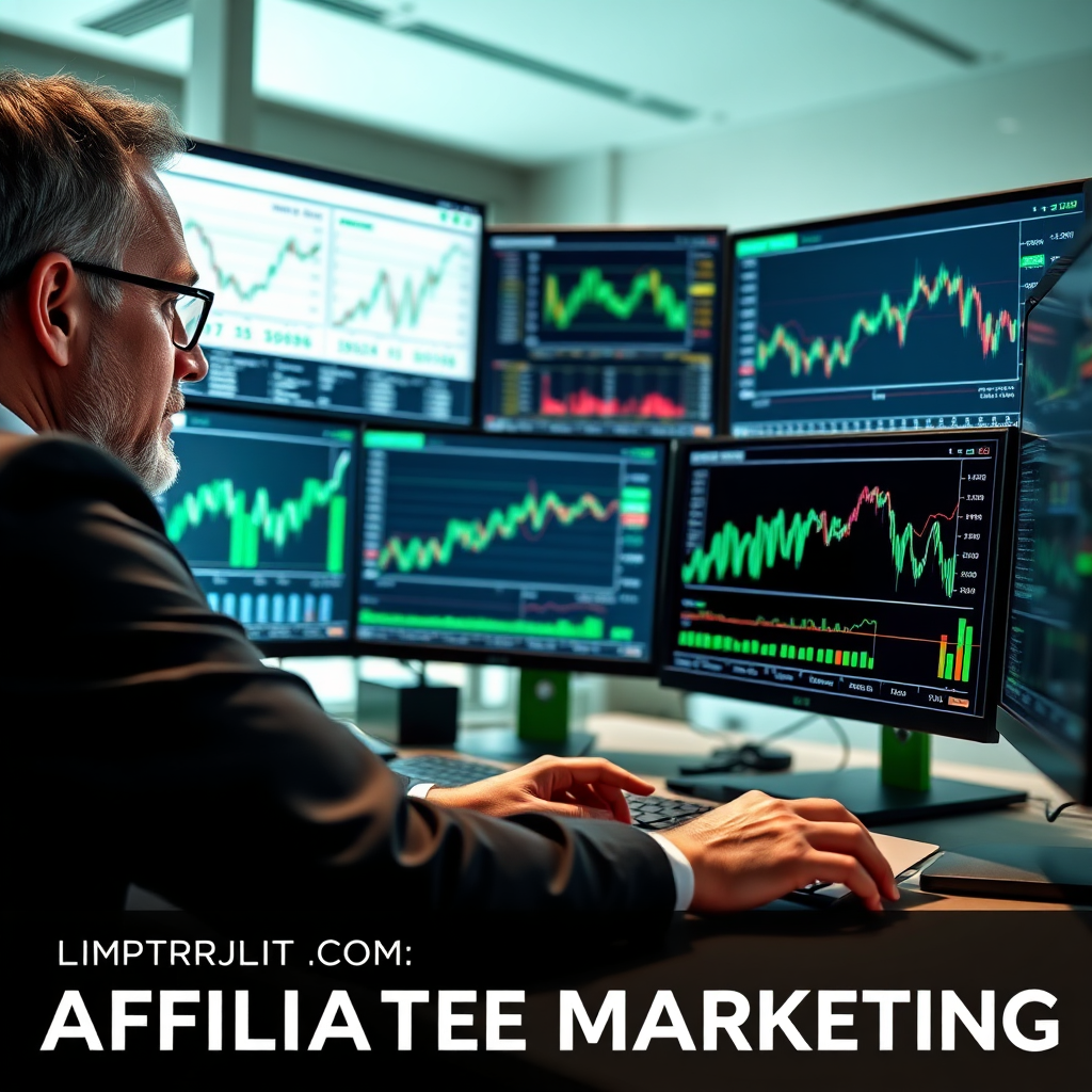 A photorealistic image of a financial analyst reviewing investment products on multiple screens, with graphs and data points visible. The lighting is bright and sharp, promoting an atmosphere of clarity and focus. The color palette blends greens and grays, symbolizing finance and stability. This visual provides a deep dive into investment opportunities for affiliate marketing in a realistic setting.