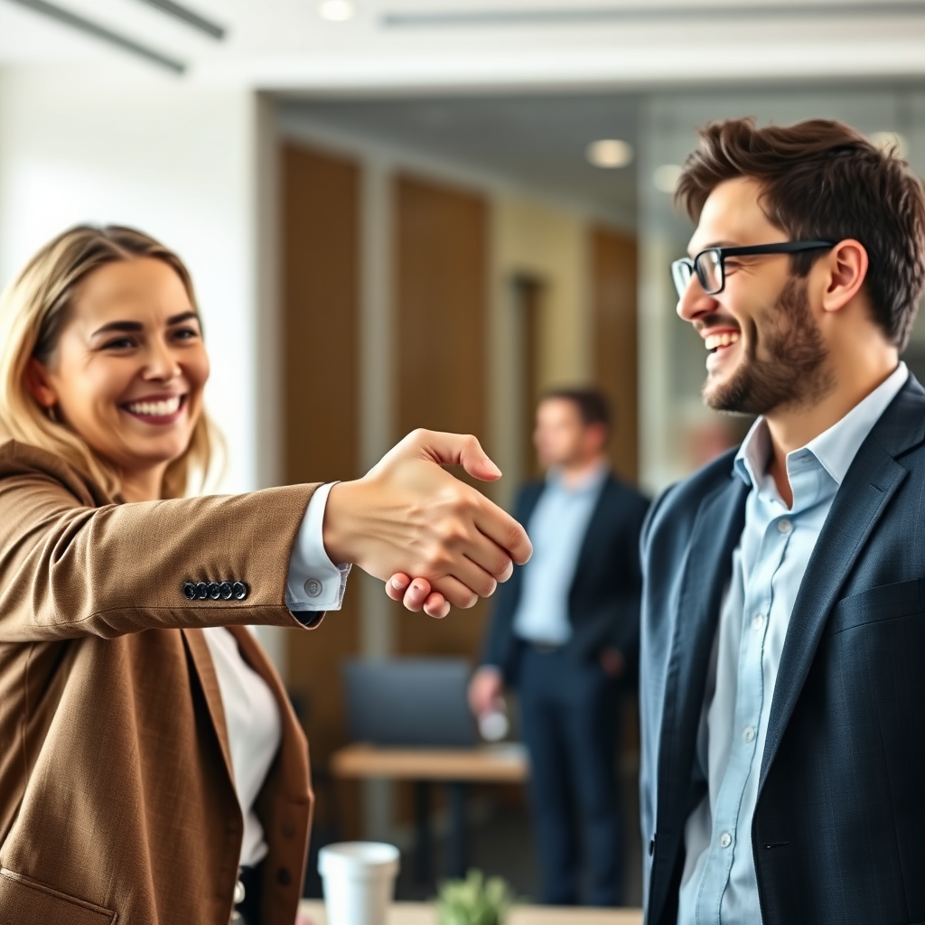 A photorealistic image of a handshake sealing a job offer. Two people are smiling and dressed professionally. Background is modern office space with blurred details. The lighting is bright, conveying a sense of success and partnership.