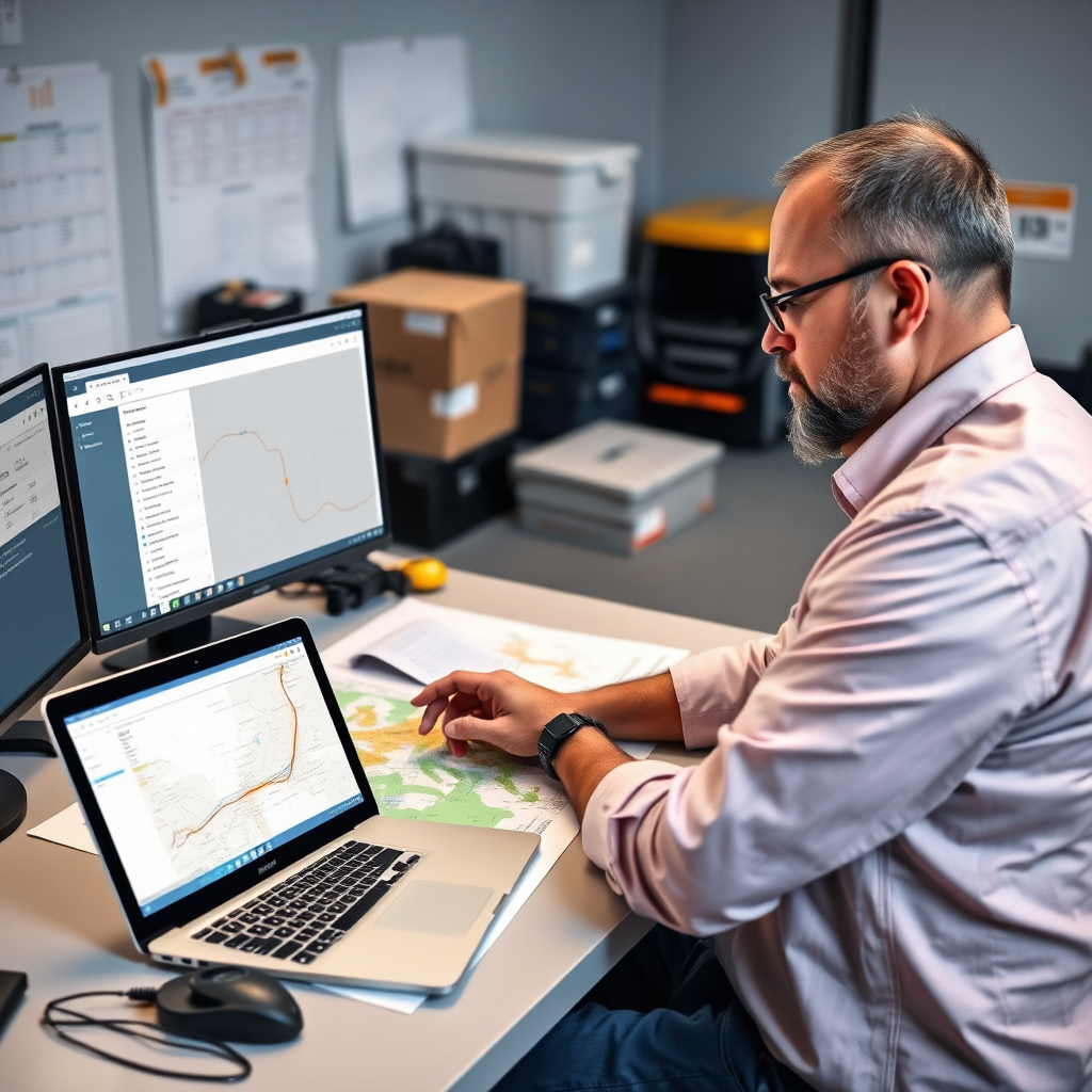 A photorealistic image of a logistics professional planning delivery routes with computer software. The setting includes maps and charts on the desk, along with a laptop displaying route options. The lighting is focused and bright. The color palette features neutral colors to underscore a serious work environment. Props include transportation equipment like GPS devices and communication tools in the background.