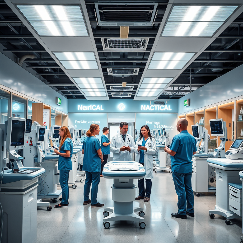 A photorealistic image of a medical equipment showroom bustling with activity. Bright LED lights illuminate the space where customers are exploring various equipment. The composition includes nurses and doctors discussing with sales representatives, showcasing interaction. The environment is sleek and professional, with samples of equipment neatly displayed. The color palette includes soothing blues and whites that reflect a clinical yet warm atmosphere. Style references promote a modern healthcare theme.