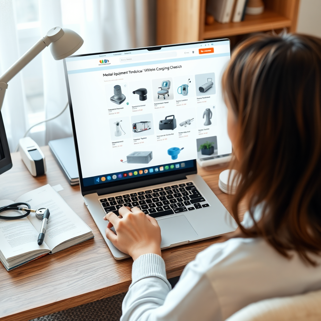 A photorealistic image of a person using a laptop to browse a medical equipment website. The screen displays various products in a clear, organized layout. The setting is a cozy home office with soft lighting, creating a comfortable ambiance. The color palette includes soft whites and natural wood tones, enhancing the relaxed atmosphere. Props include medical journals and devices showcased on the desk, representing an informed choice.