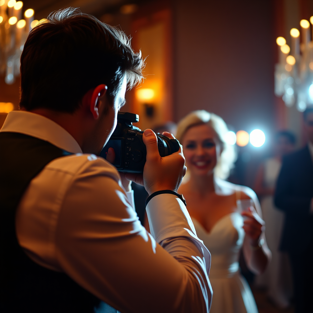 A photorealistic image of a photographer capturing a candid moment at a wedding reception. The lighting is soft and romantic. The composition is focused on the subjects, with a blurred background. The color palette is warm and inviting. The camera angle is slightly low, emphasizing the joy and emotion of the scene.