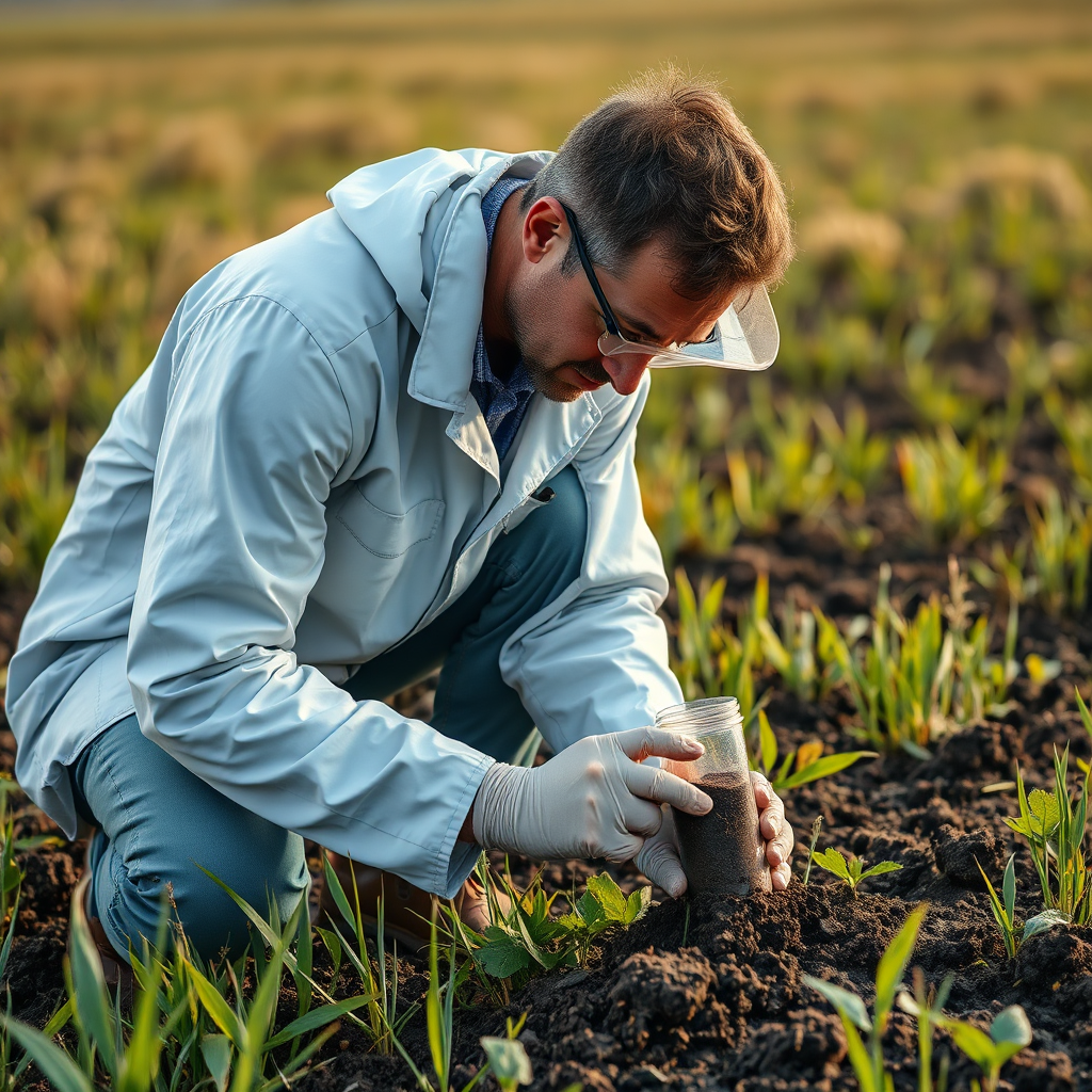 A photorealistic image of a soil scientist collecting a soil sample in a field. The scientist should be using specialized equipment to ensure accurate results. Style: soil science photography.