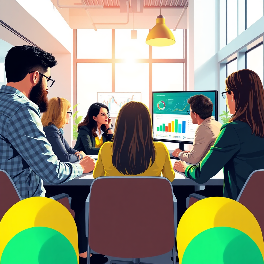 A photorealistic image of a strategy meeting in a bright office where a team discusses digital marketing tactics. The composition highlights diverse team members engaged in brainstorming, with colorful charts and graphs on displays. The lighting is bright and energetic, enhancing the vibrant color palette featuring greens, yellows, and blues. This illustration aims to evoke inspiration and strategic thinking in the context of affiliate marketing.