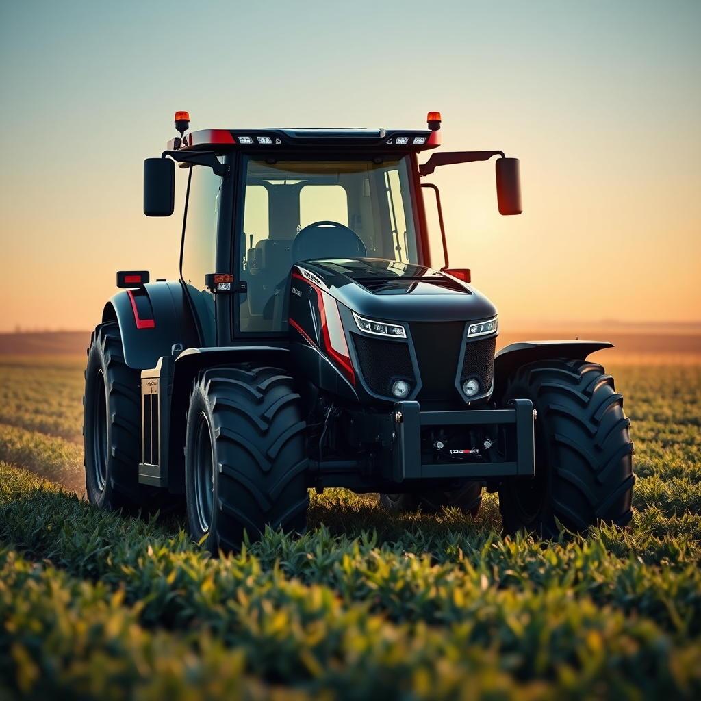 A photorealistic image of a state-of-the-art, autonomous tractor working in a field. The tractor should be sleek and modern, with advanced sensors and technology visible. The field should be vast and well-cultivated. The lighting should be dramatic, showcasing the power and efficiency of the equipment. Style: modern agricultural equipment advertising.