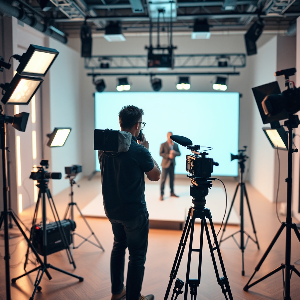 A photorealistic image of a videographer filming a commercial in a studio setting. The lighting is professional and well-balanced. The composition includes various pieces of equipment, such as cameras, lights, and microphones. The color palette is modern and corporate. The camera angle is slightly high, providing an overview of the scene.