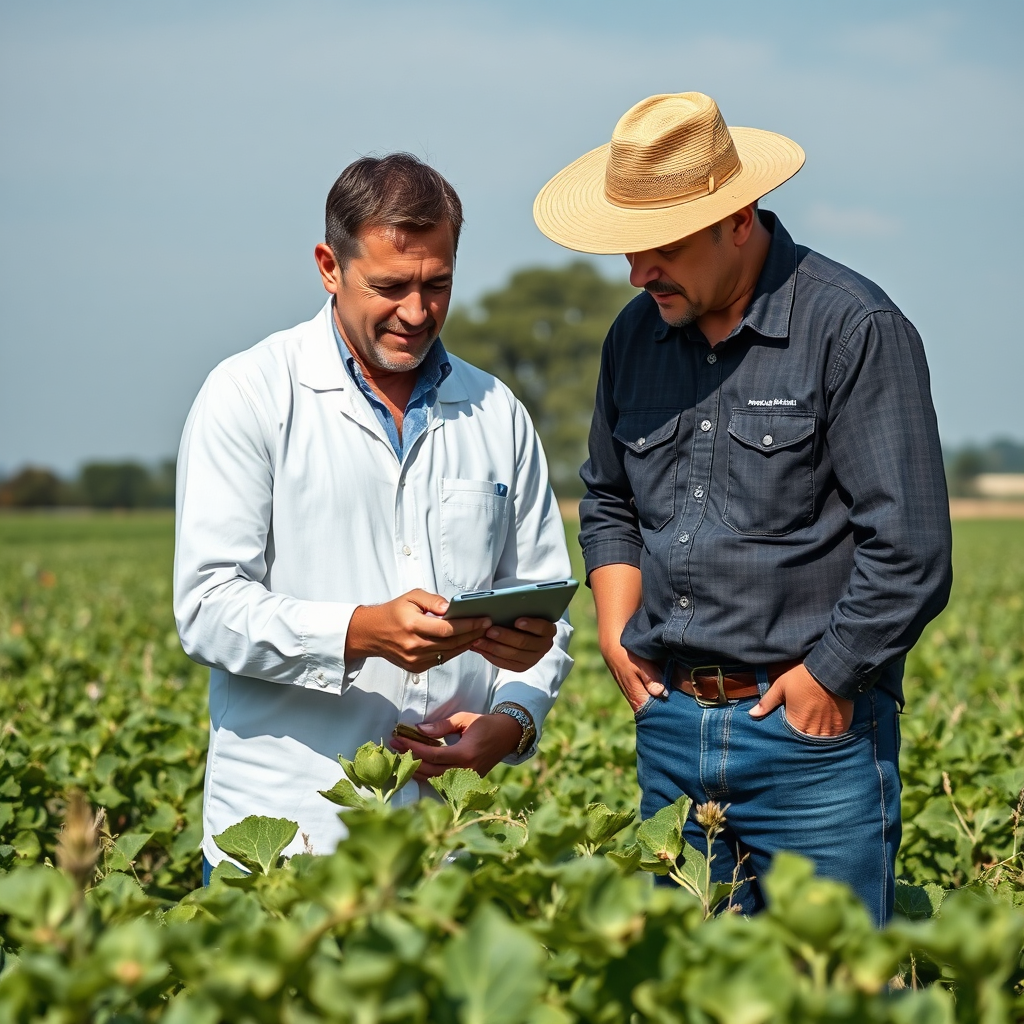 A photorealistic image of an agricultural consultant examining crops in a field, providing guidance to a farmer. The consultant should be knowledgeable and professional, and the crops should be healthy and vibrant. Style: professional consultation photography.